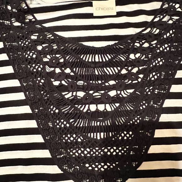 Chico's top black white striped crochet neckline short sleeve knit NEW Sz 1 US M - Picture 3 of 6